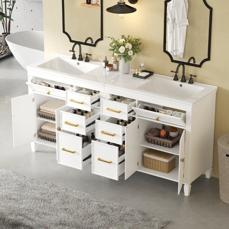 English Elm Video 72 Inch Modular Double Bathroom Vanity Acacia Legs Soft Close Drawers Ceramic Top White N759S072001K