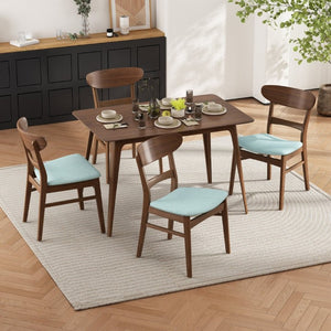 English Elm Video Mid-Century Rubberwood Dining Set Splayed Legs Walnut Finish with Four Upholstered Chairs N759S111011M
