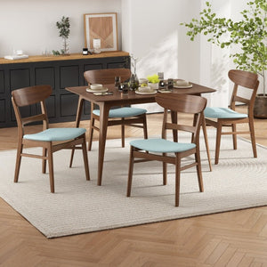 English Elm Video Mid-Century Rubberwood Dining Set Splayed Legs Walnut Finish with Four Upholstered Chairs N759S111011M