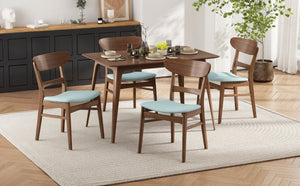English Elm Video Mid-Century Rubberwood Dining Set Splayed Legs Walnut Finish with Four Upholstered Chairs N759S111011M