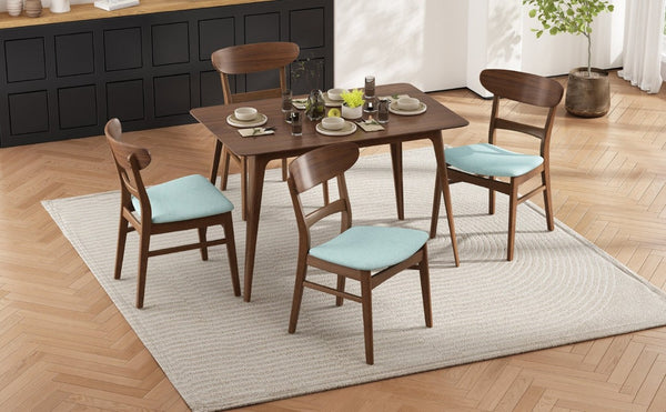 English Elm Video Mid-Century Rubberwood Dining Set Splayed Legs Walnut Finish with Four Upholstered Chairs N759S111011M