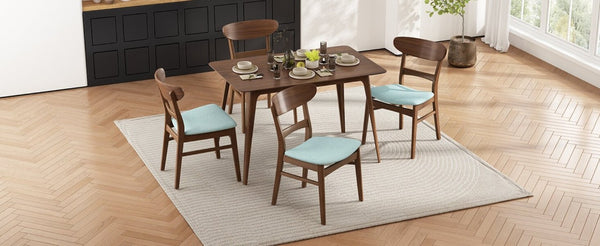 English Elm Video Mid-Century Rubberwood Dining Set Splayed Legs Walnut Finish with Four Upholstered Chairs N759S111011M
