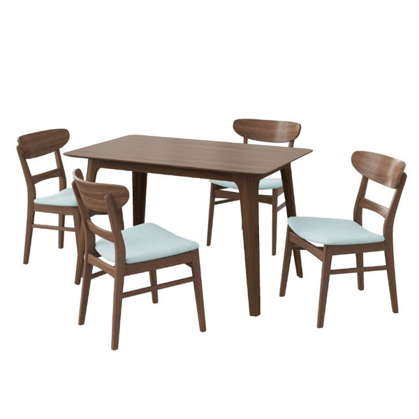 English Elm Video Mid-Century Rubberwood Dining Set Splayed Legs Walnut Finish with Four Upholstered Chairs N759S111011M