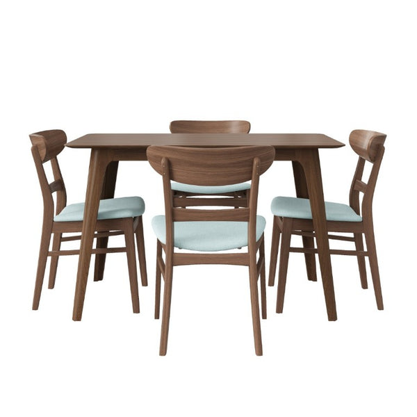 English Elm Video Mid-Century Rubberwood Dining Set Splayed Legs Walnut Finish with Four Upholstered Chairs N759S111011M