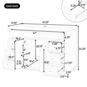 English Elm 46 Inch White Bathroom Vanity Cabinet with Six Soft Close Drawers and Pine Legs N759S111752K