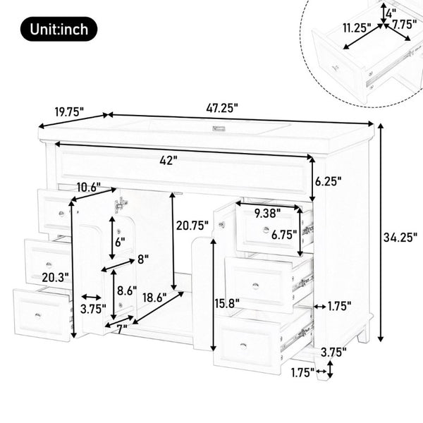 English Elm 46 Inch White Bathroom Vanity Cabinet with Six Soft Close Drawers and Pine Legs N759S111752K