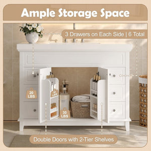 English Elm 46 Inch White Bathroom Vanity Cabinet with Six Soft Close Drawers and Pine Legs N759S111752K