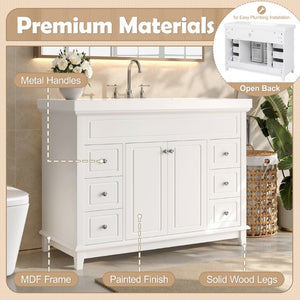 English Elm 46 Inch White Bathroom Vanity Cabinet with Six Soft Close Drawers and Pine Legs N759S111752K