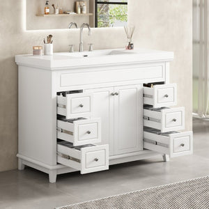 English Elm Video 48 Inch Freestanding Bathroom Vanity Resin Sink Six Soft Close Drawers White N759S221752K