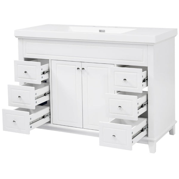 English Elm Video 48 Inch Freestanding Bathroom Vanity Resin Sink Six Soft Close Drawers White N759S221752K