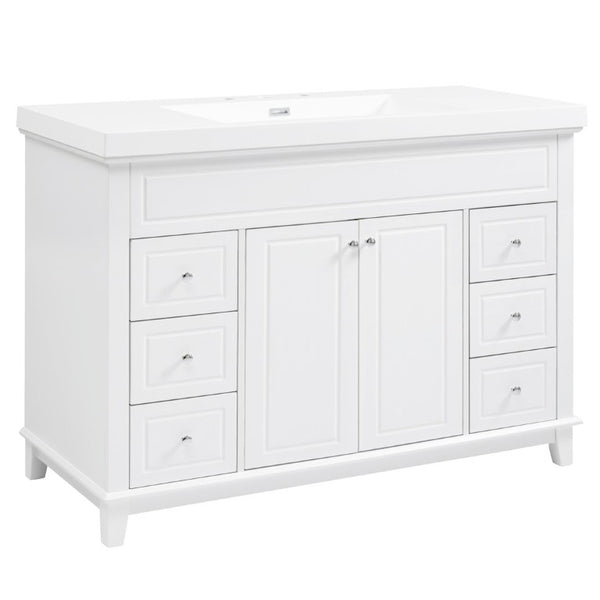 English Elm Video 48 Inch Freestanding Bathroom Vanity Resin Sink Six Soft Close Drawers White N759S221752K
