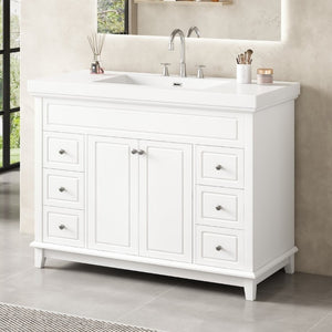 English Elm Video 48 Inch Freestanding Bathroom Vanity Resin Sink Six Soft Close Drawers White N759S221752K