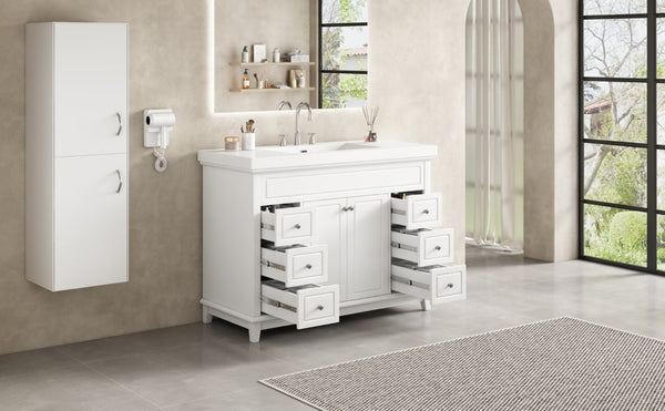 English Elm Video 48 Inch Freestanding Bathroom Vanity Resin Sink Six Soft Close Drawers White N759S221752K