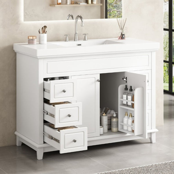 English Elm Video 48 Inch Freestanding Bathroom Vanity Resin Sink Six Soft Close Drawers White N759S221752K