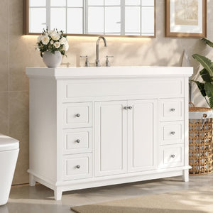 English Elm Video 48 Inch Freestanding Bathroom Vanity Resin Sink Six Soft Close Drawers White N759S221752K