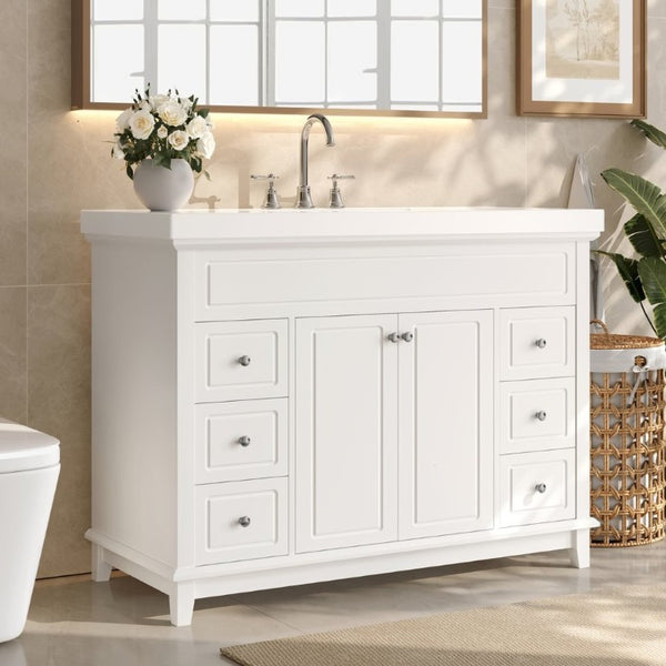 English Elm Video 48 Inch Freestanding Bathroom Vanity Resin Sink Six Soft Close Drawers White N759S221752K