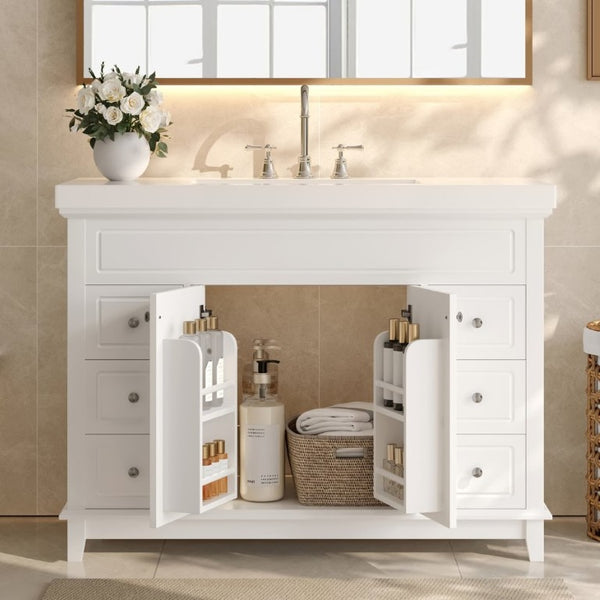 English Elm Video 48 Inch Freestanding Bathroom Vanity Resin Sink Six Soft Close Drawers White N759S221752K