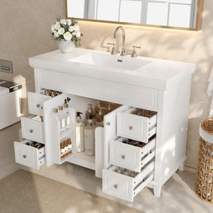 English Elm Video 48 Inch Freestanding Bathroom Vanity Resin Sink Six Soft Close Drawers White N759S221752K
