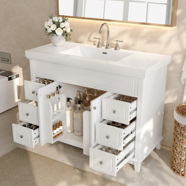 English Elm Video 48 Inch Freestanding Bathroom Vanity Resin Sink Six Soft Close Drawers White N759S221752K