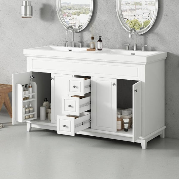 English Elm Video 60 Inch Freestanding Bathroom Vanity Dual Resin Sinks Soft Close Storage White N759S221759K