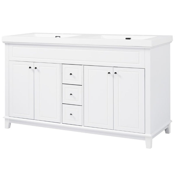 English Elm Video 60 Inch Freestanding Bathroom Vanity Dual Resin Sinks Soft Close Storage White N759S221759K