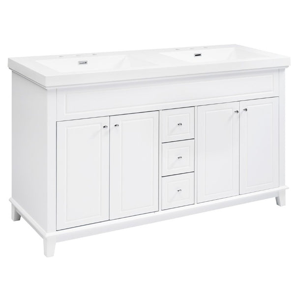 English Elm Video 60 Inch Freestanding Bathroom Vanity Dual Resin Sinks Soft Close Storage White N759S221759K