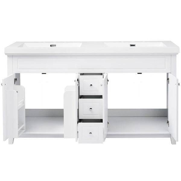 English Elm Video 60 Inch Freestanding Bathroom Vanity Dual Resin Sinks Soft Close Storage White N759S221759K