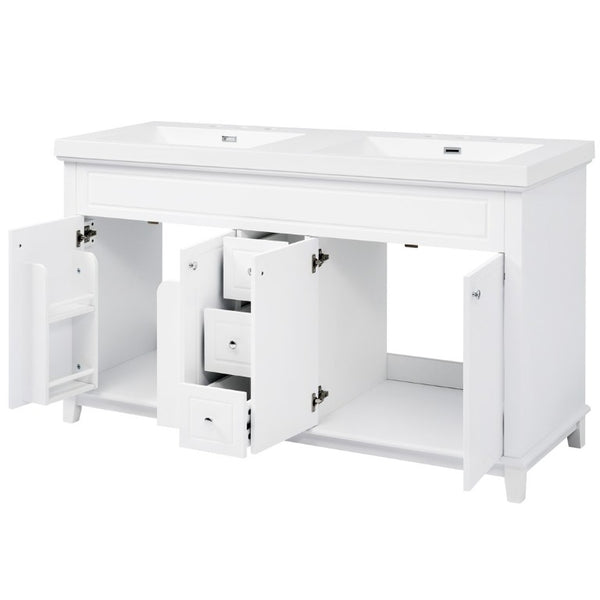 English Elm Video 60 Inch Freestanding Bathroom Vanity Dual Resin Sinks Soft Close Storage White N759S221759K