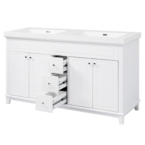 English Elm Video 60 Inch Freestanding Bathroom Vanity Dual Resin Sinks Soft Close Storage White N759S221759K
