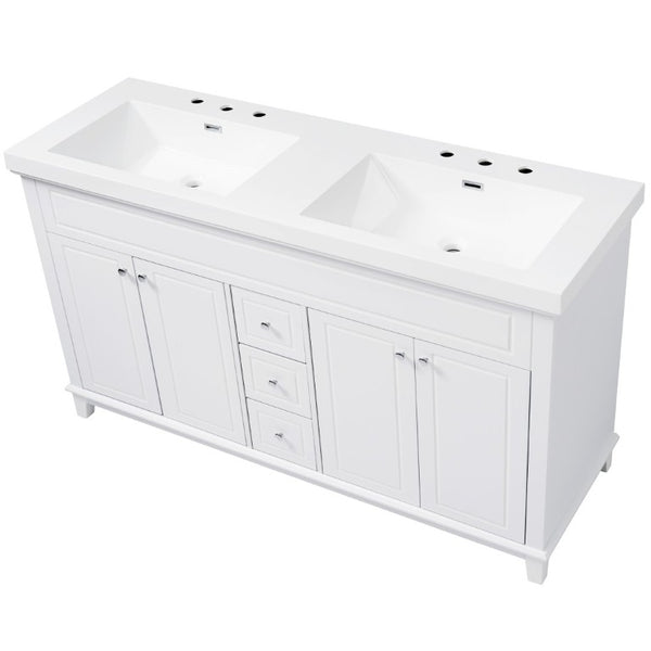 English Elm Video 60 Inch Freestanding Bathroom Vanity Dual Resin Sinks Soft Close Storage White N759S221759K