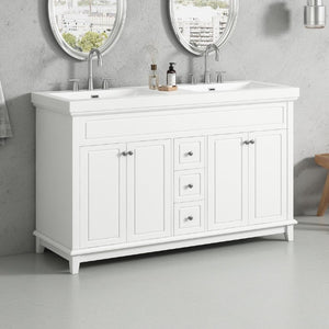 English Elm Video 60 Inch Freestanding Bathroom Vanity Dual Resin Sinks Soft Close Storage White N759S221759K