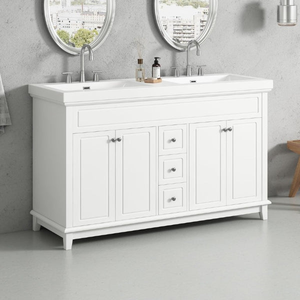 English Elm Video 60 Inch Freestanding Bathroom Vanity Dual Resin Sinks Soft Close Storage White N759S221759K