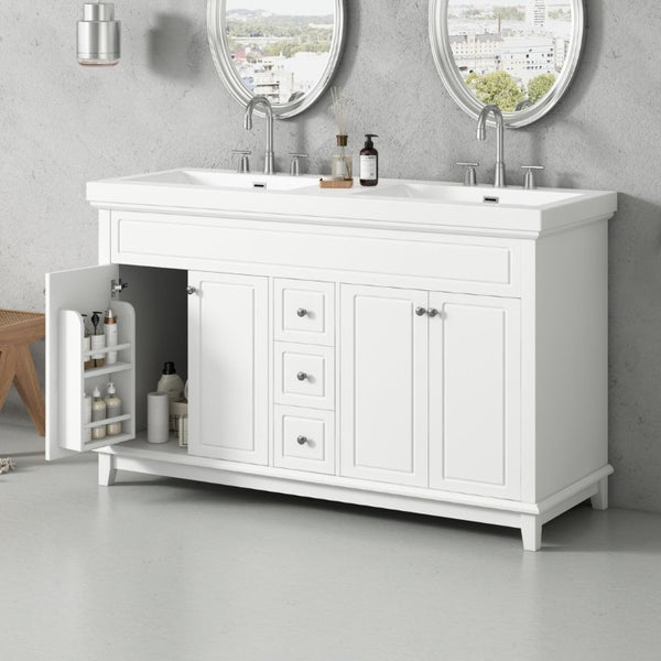 English Elm Video 60 Inch Freestanding Bathroom Vanity Dual Resin Sinks Soft Close Storage White N759S221759K