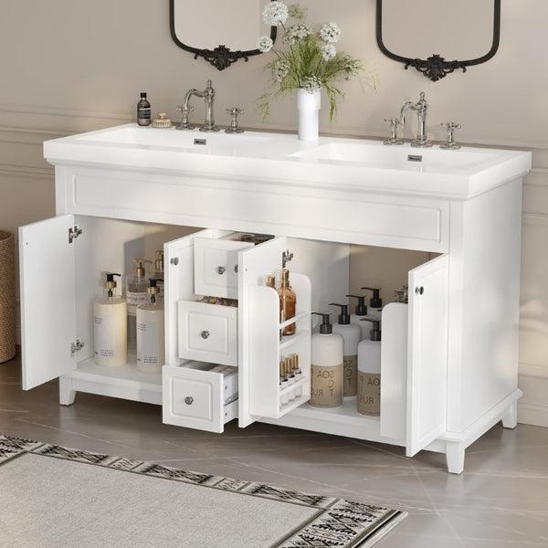 English Elm Video 60 Inch Freestanding Bathroom Vanity Dual Resin Sinks Soft Close Storage White N759S221759K