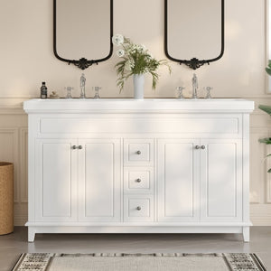 English Elm Video 60 Inch Freestanding Bathroom Vanity Dual Resin Sinks Soft Close Storage White N759S221759K