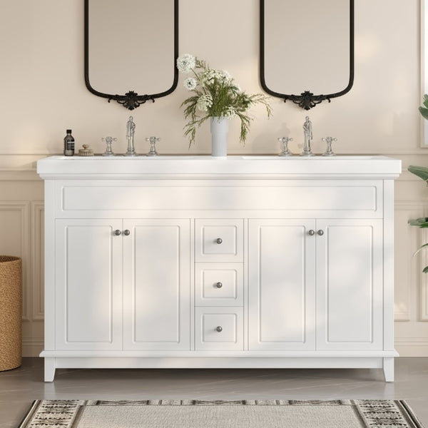 English Elm Video 60 Inch Freestanding Bathroom Vanity Dual Resin Sinks Soft Close Storage White N759S221759K