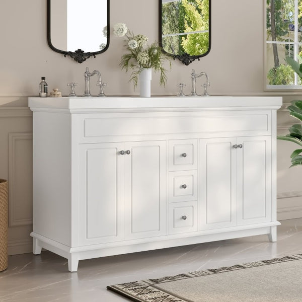 English Elm Video 60 Inch Freestanding Bathroom Vanity Dual Resin Sinks Soft Close Storage White N759S221759K
