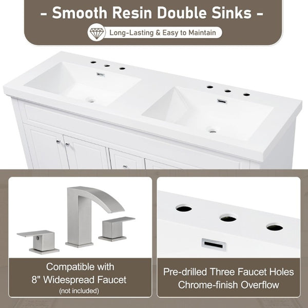 English Elm Video 60 Inch Freestanding Bathroom Vanity Dual Resin Sinks Soft Close Storage White N759S221759K