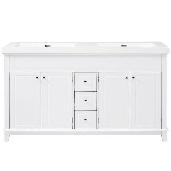 English Elm Video 60 Inch Freestanding Bathroom Vanity Dual Resin Sinks Soft Close Storage White N759S221759K