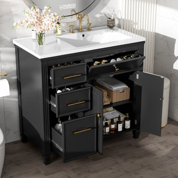 English Elm Video 36 Inch Bathroom Vanity with Ceramic Sink Soft Close Drawers Acacia Legs Gray Black N759S284623B