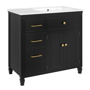 English Elm Video 36 Inch Bathroom Vanity with Ceramic Sink Soft Close Drawers Acacia Legs Gray Black N759S284623B