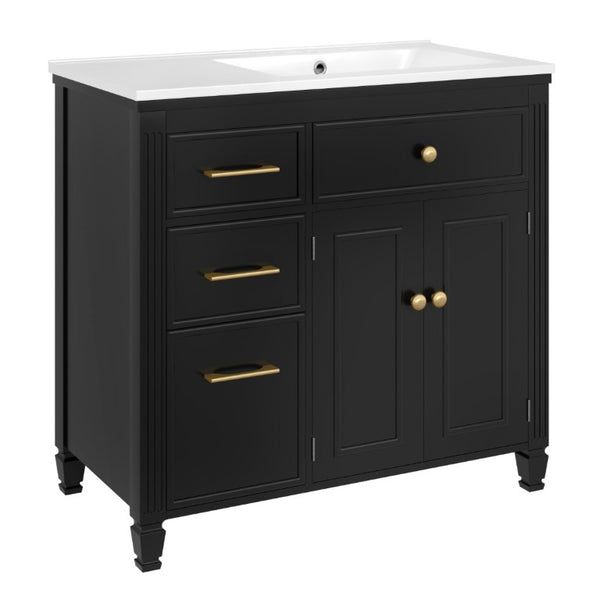 English Elm Video 36 Inch Bathroom Vanity with Ceramic Sink Soft Close Drawers Acacia Legs Gray Black N759S284623B