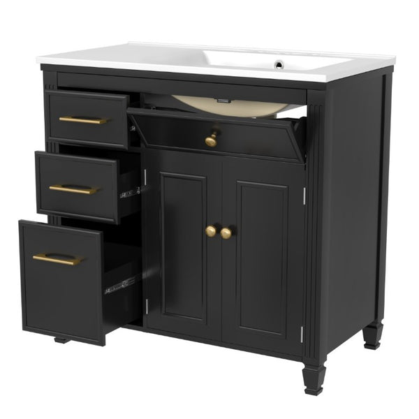 English Elm Video 36 Inch Bathroom Vanity with Ceramic Sink Soft Close Drawers Acacia Legs Gray Black N759S284623B