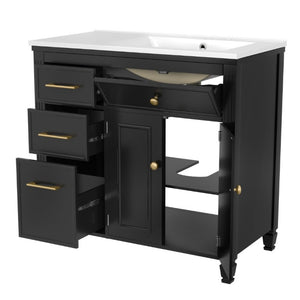English Elm Video 36 Inch Bathroom Vanity with Ceramic Sink Soft Close Drawers Acacia Legs Gray Black N759S284623B