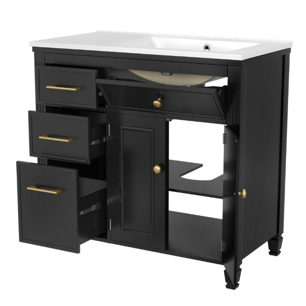 English Elm Video 36 Inch Bathroom Vanity with Ceramic Sink Soft Close Drawers Acacia Legs Gray Black N759S284623B