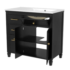 English Elm Video 36 Inch Bathroom Vanity with Ceramic Sink Soft Close Drawers Acacia Legs Gray Black N759S284623B