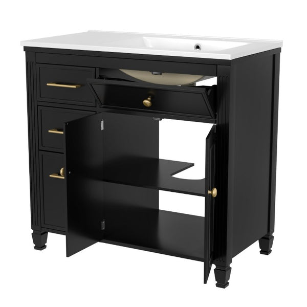 English Elm Video 36 Inch Bathroom Vanity with Ceramic Sink Soft Close Drawers Acacia Legs Gray Black N759S284623B