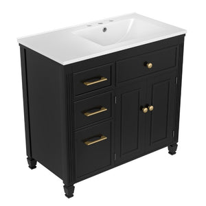 English Elm Video 36 Inch Bathroom Vanity with Ceramic Sink Soft Close Drawers Acacia Legs Gray Black N759S284623B