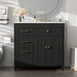 English Elm Video 36 Inch Bathroom Vanity with Ceramic Sink Soft Close Drawers Acacia Legs Gray Black N759S284623B