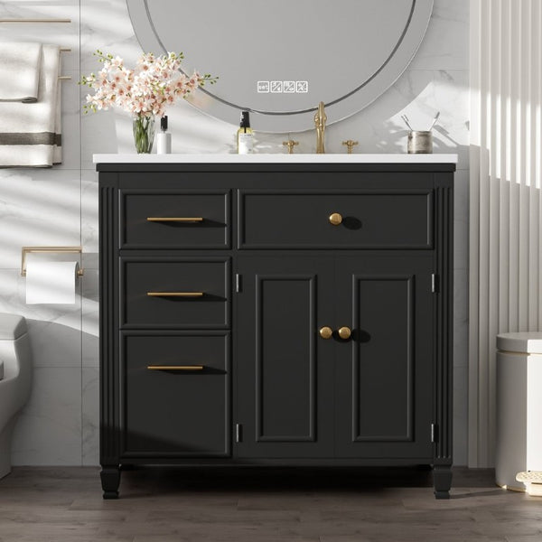 English Elm Video 36 Inch Bathroom Vanity with Ceramic Sink Soft Close Drawers Acacia Legs Gray Black N759S284623B
